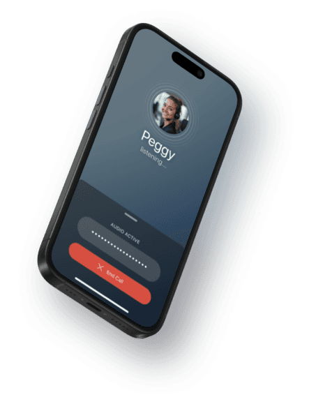 Smartphone displaying a call interface with a contact named Peggy, showing a profile picture and options to end the call.